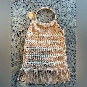 Handmade boho Beige and Cream Crochet Fringe Bag with wood handles